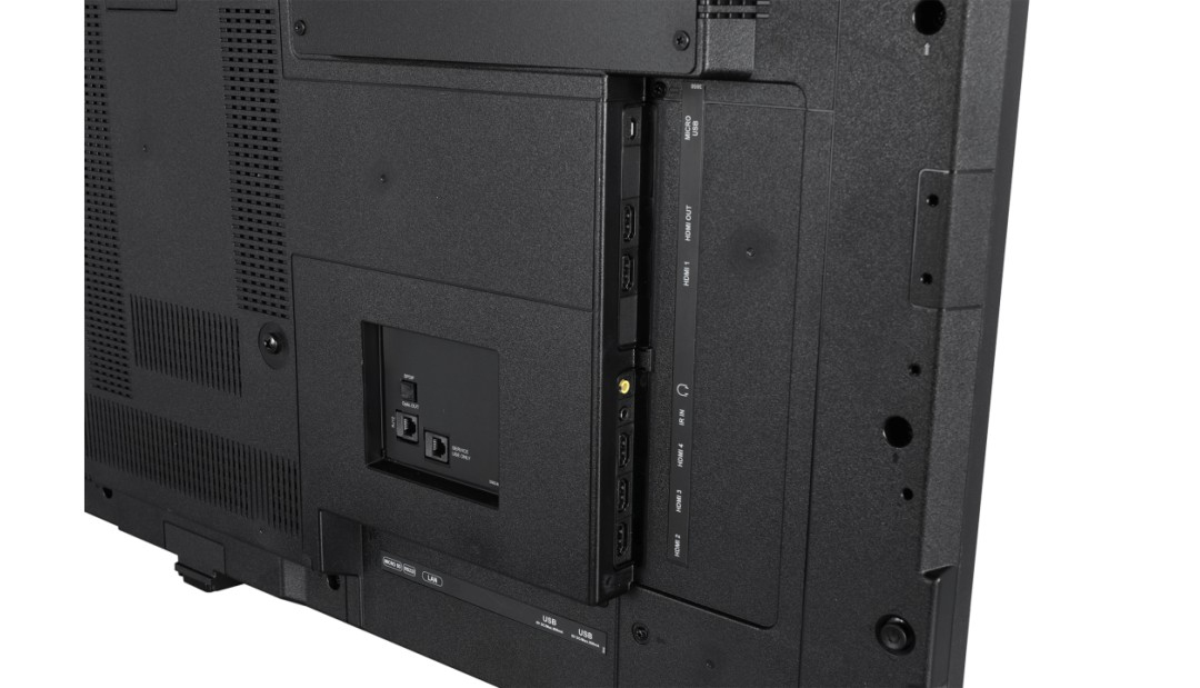 Tył telewizora z portami HDMI, USB i LAN.