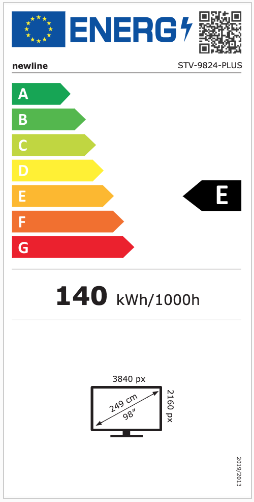 Etiqueta de eficiencia energética clase E, 140 kWh/1000h, y pantalla de 98 pulgadas.
