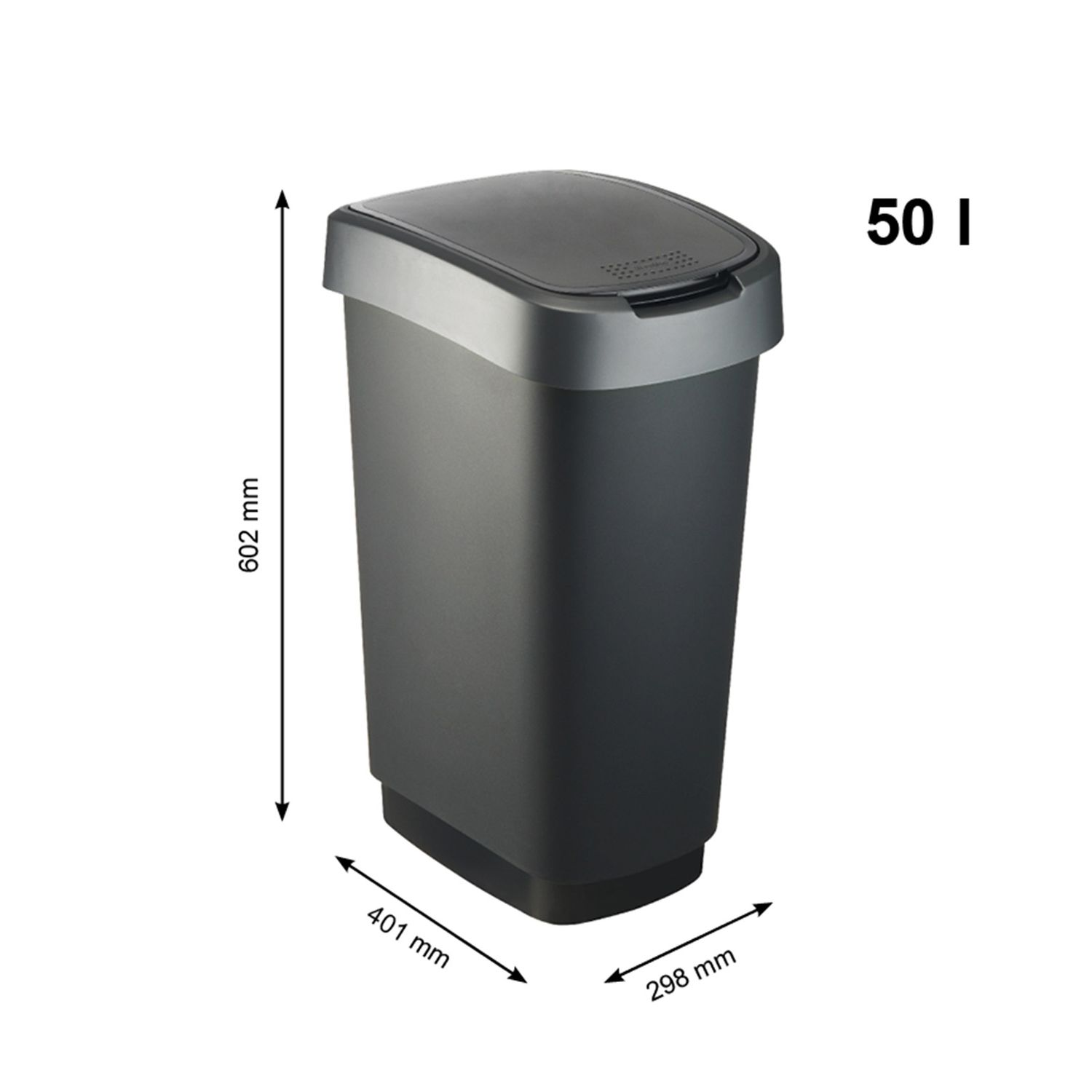 Szary kosz na śmieci z pokrywą, 50l, Wys:602mm, Szer:401mm, Gł:298mm.
