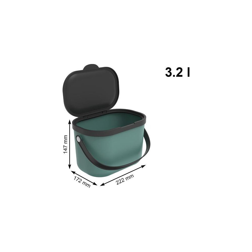Zielony wiaderko z pokrywką, wys. 14,7 cm, szer. 17,2 cm, dł. 22,2 cm. 3,2 litra.
