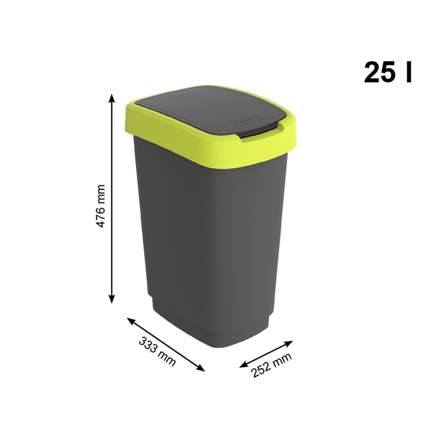 Szary kosz na śmieci o poj. 25l z limonkową pokrywą, z wymiarami.