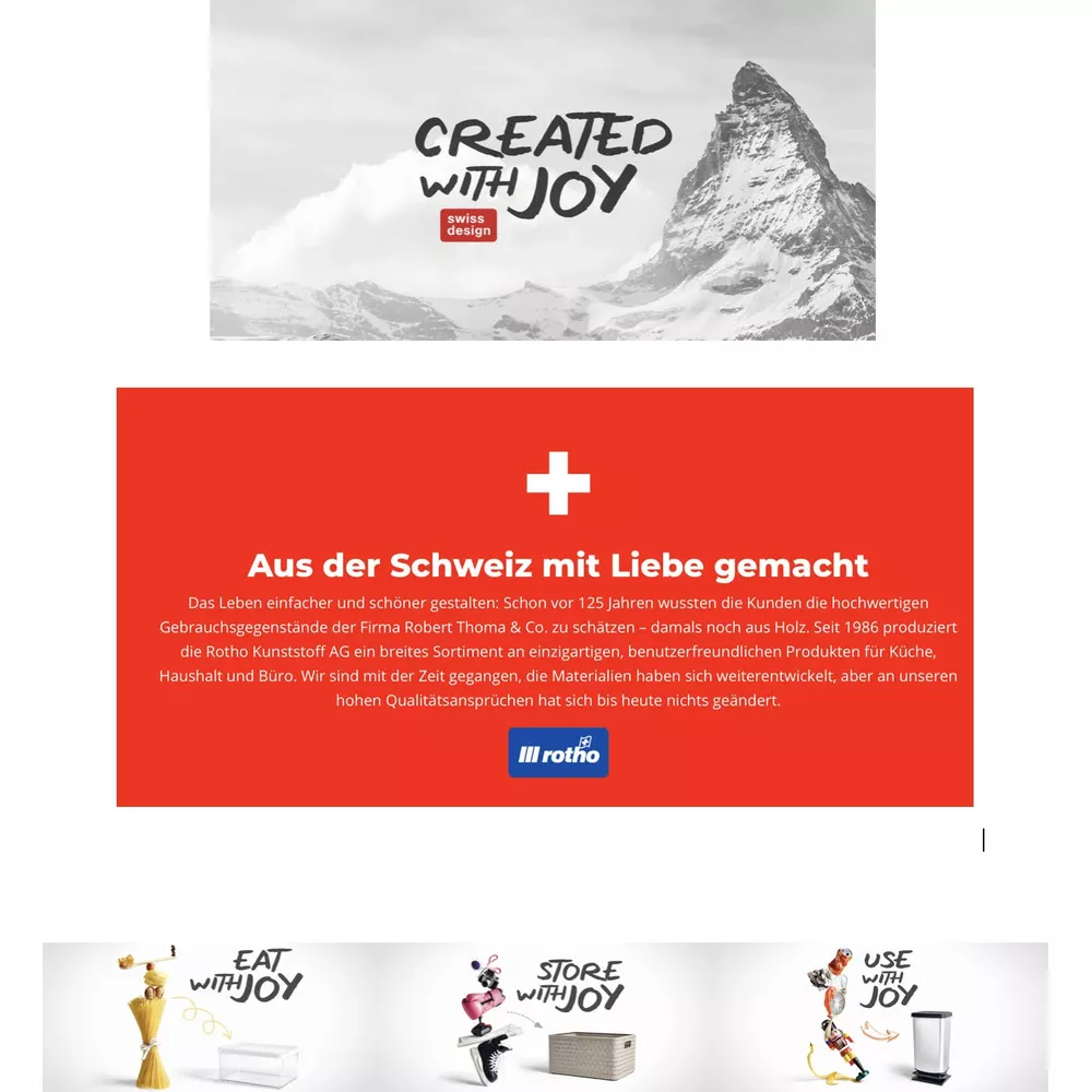 Góra z napisem "Created with Joy" i "Swiss Design". Czerwony obszar z krzyżem szwajcarskim i tekstem.