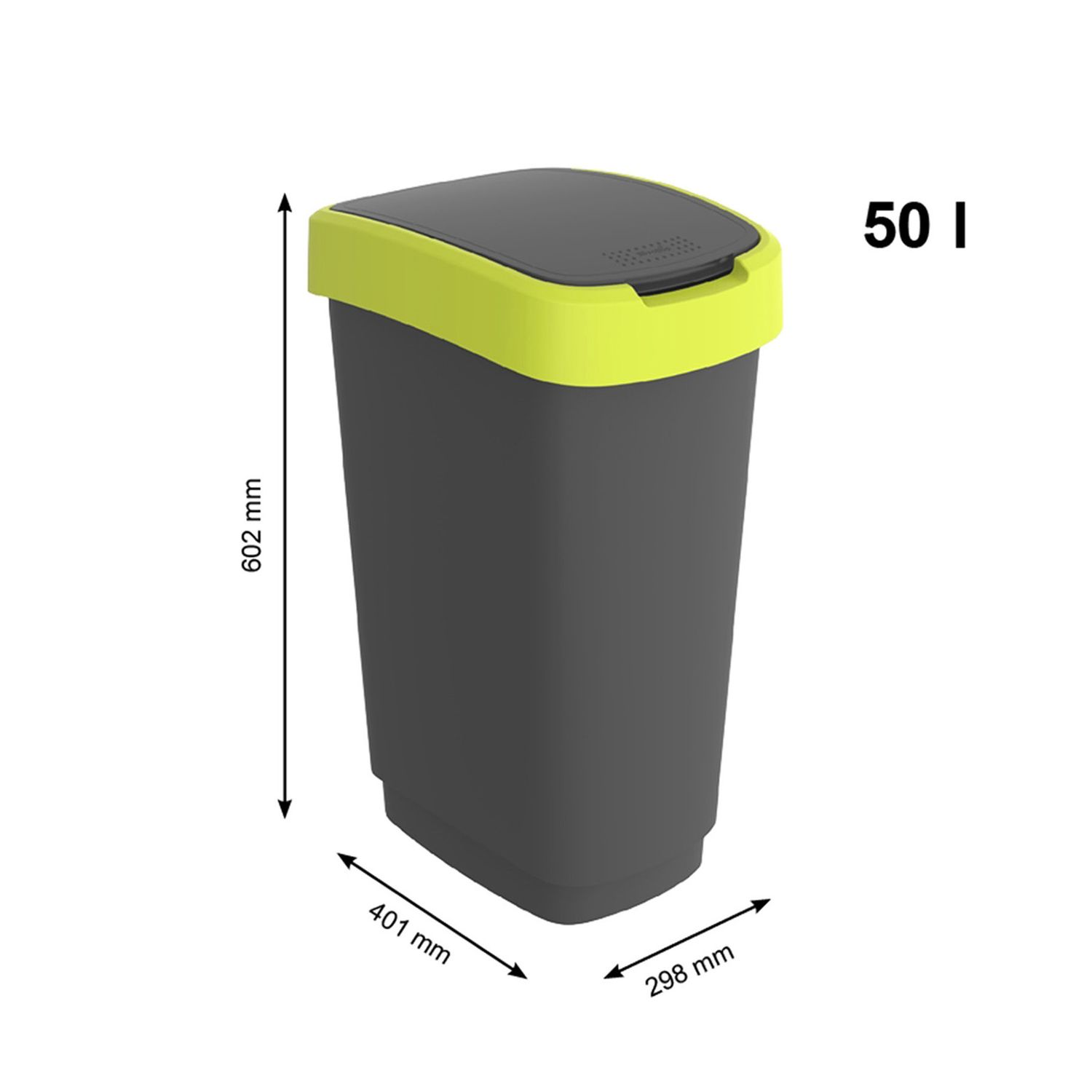 Szary kosz na śmieci 50L z limonkowa pokrywą. Wymiary: wys: 602mm, szer: 401mm, gł: 298mm.