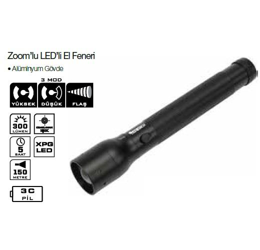 Siyah alüminyum zoom LED el feneri, 3 mod, 300 lümen, 5 saat.