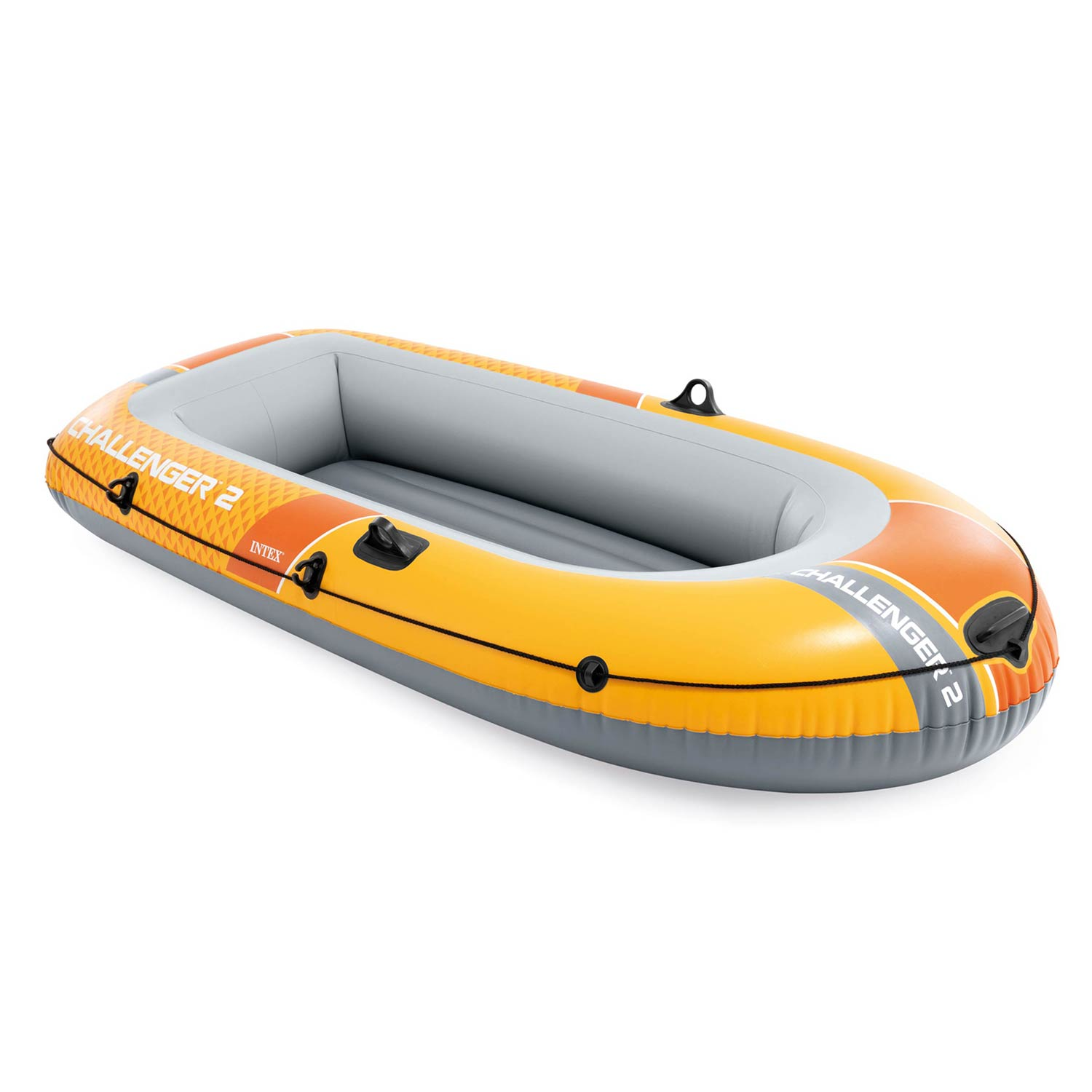 Ein aufblasbares orange-graues Schlauchboot mit der Aufschrift 'CHALLENGER 2'.