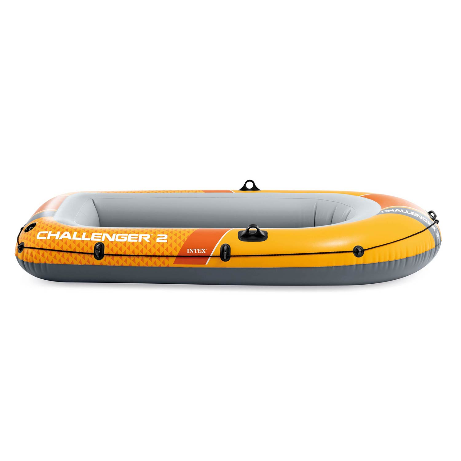 Aufblasbares Schlauchboot mit orangen und grauen Akzenten, beschriftet mit 'Challenger 2'.