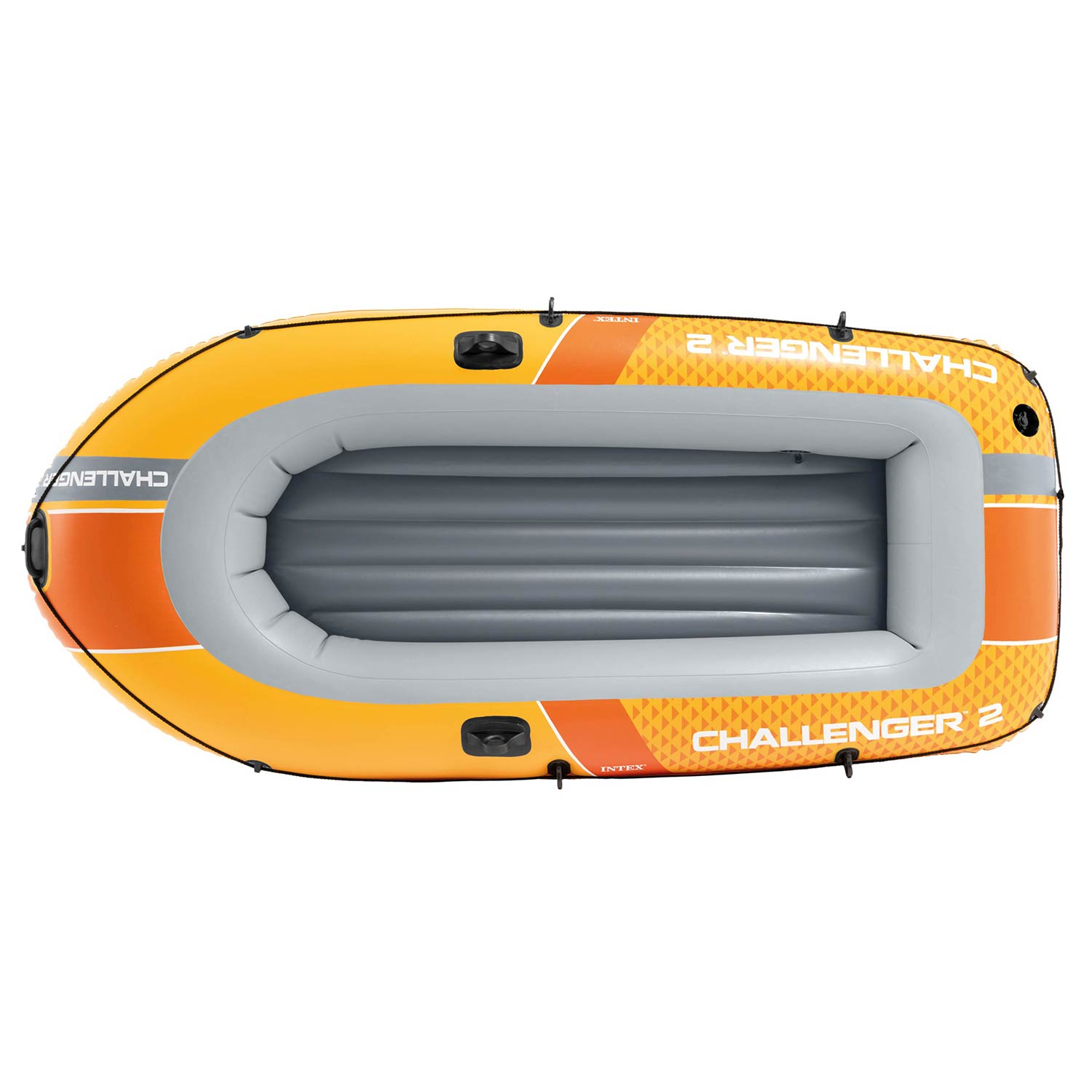 Ein orange-graues Schlauchboot mit der Aufschrift 'Challenger 2'.