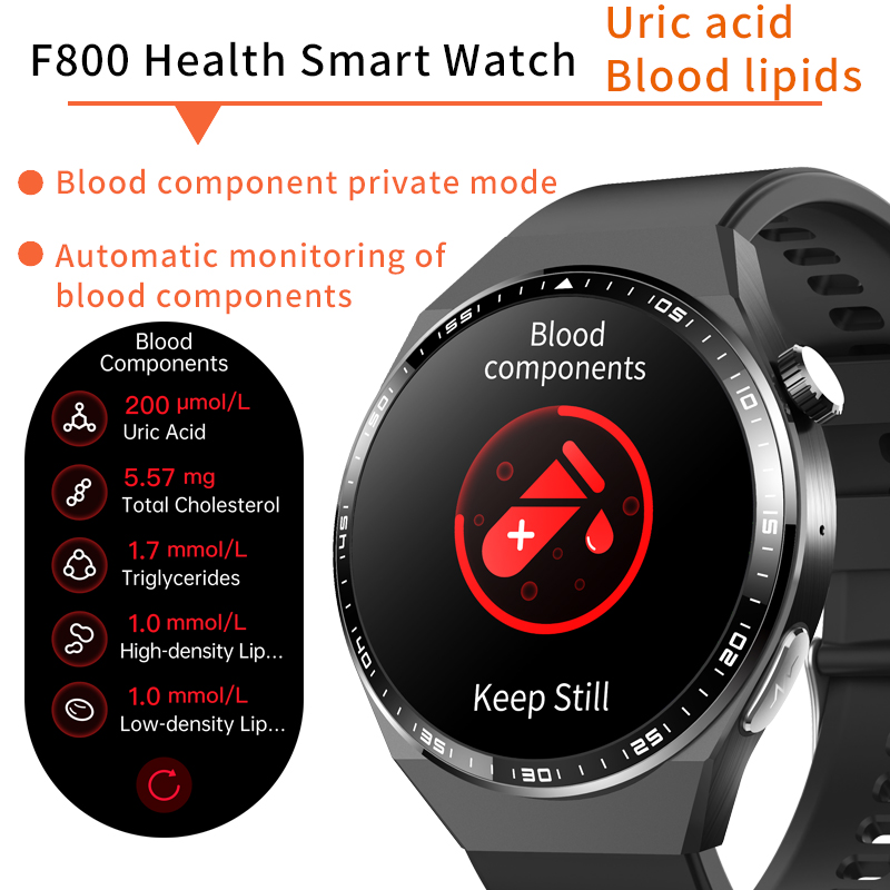 F800 Smartwatch zeigt Blutbestandteile: Harnsäure, Cholesterin, Triglyceride.