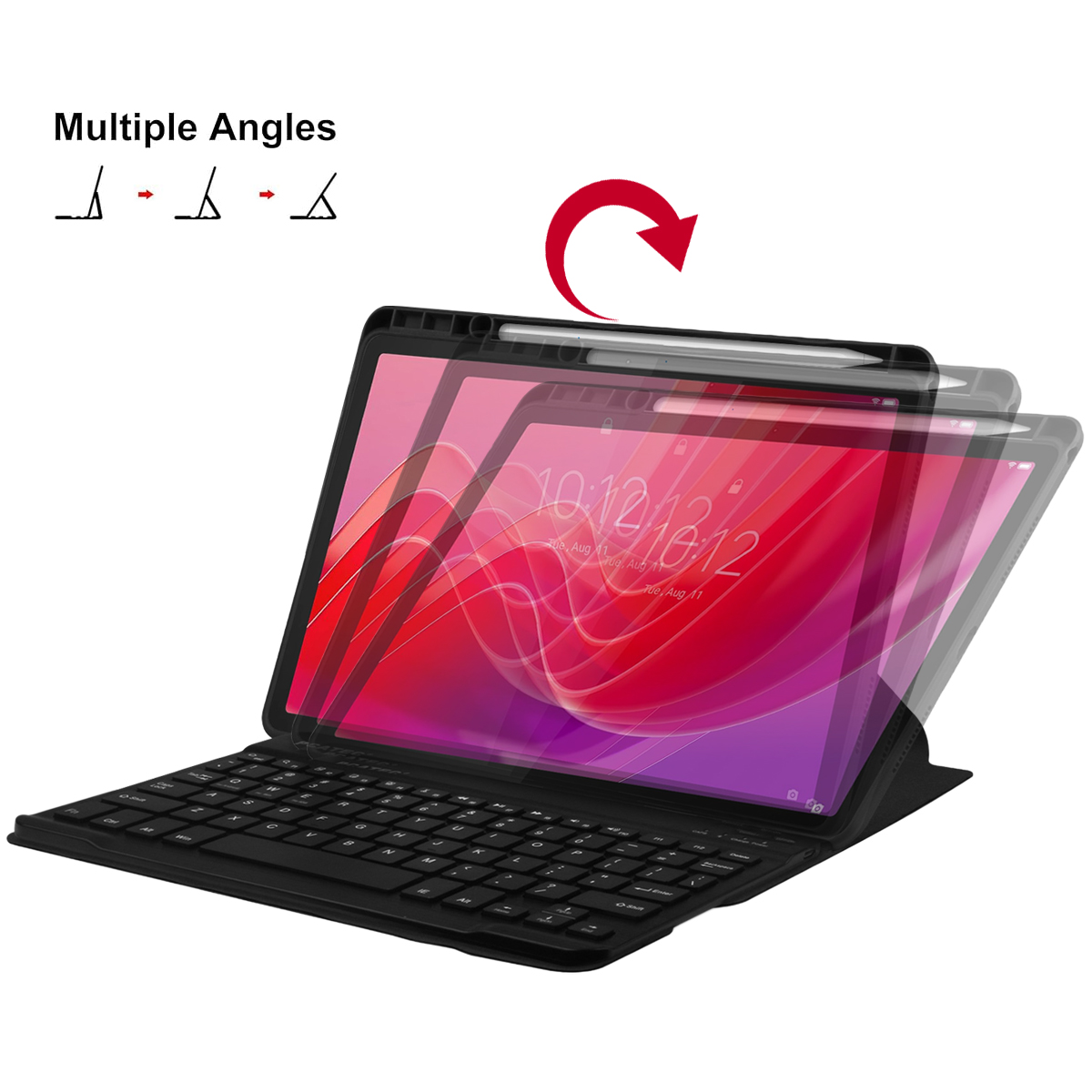 A black tablet with keyboard and stylus, showing multiple angles.