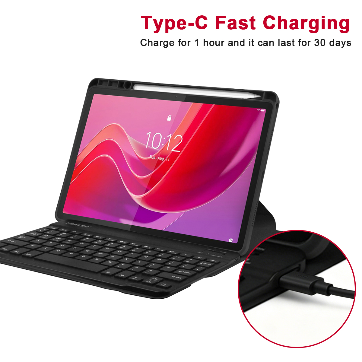 Tablet with keyboard and stylus, USB-C charging cable connected.