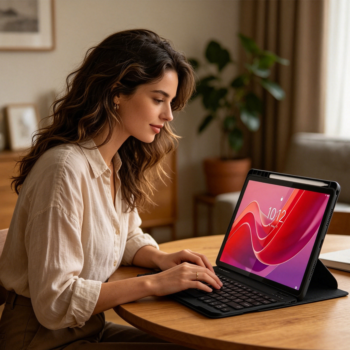 Woman typing on a tablet with keyboard at a wooden table. Potted plant in background.