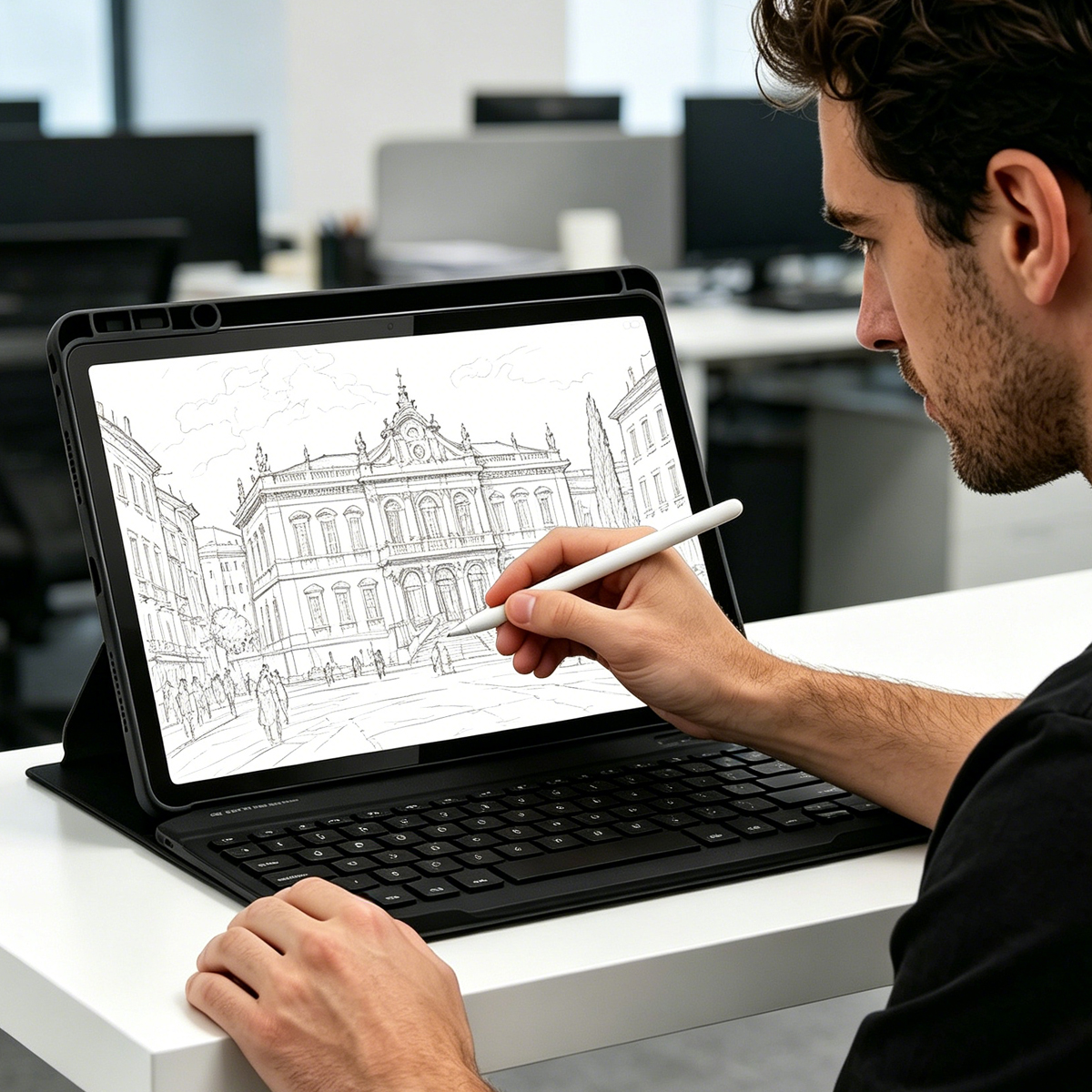 Man draws building sketch on tablet with stylus at desk.
