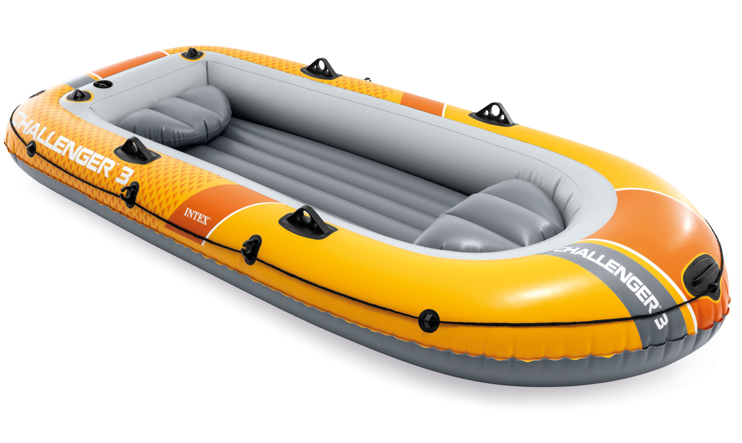 Ein aufblasbares orange-graues Challenger 3 Boot mit schwarzen Griffen und Seil.