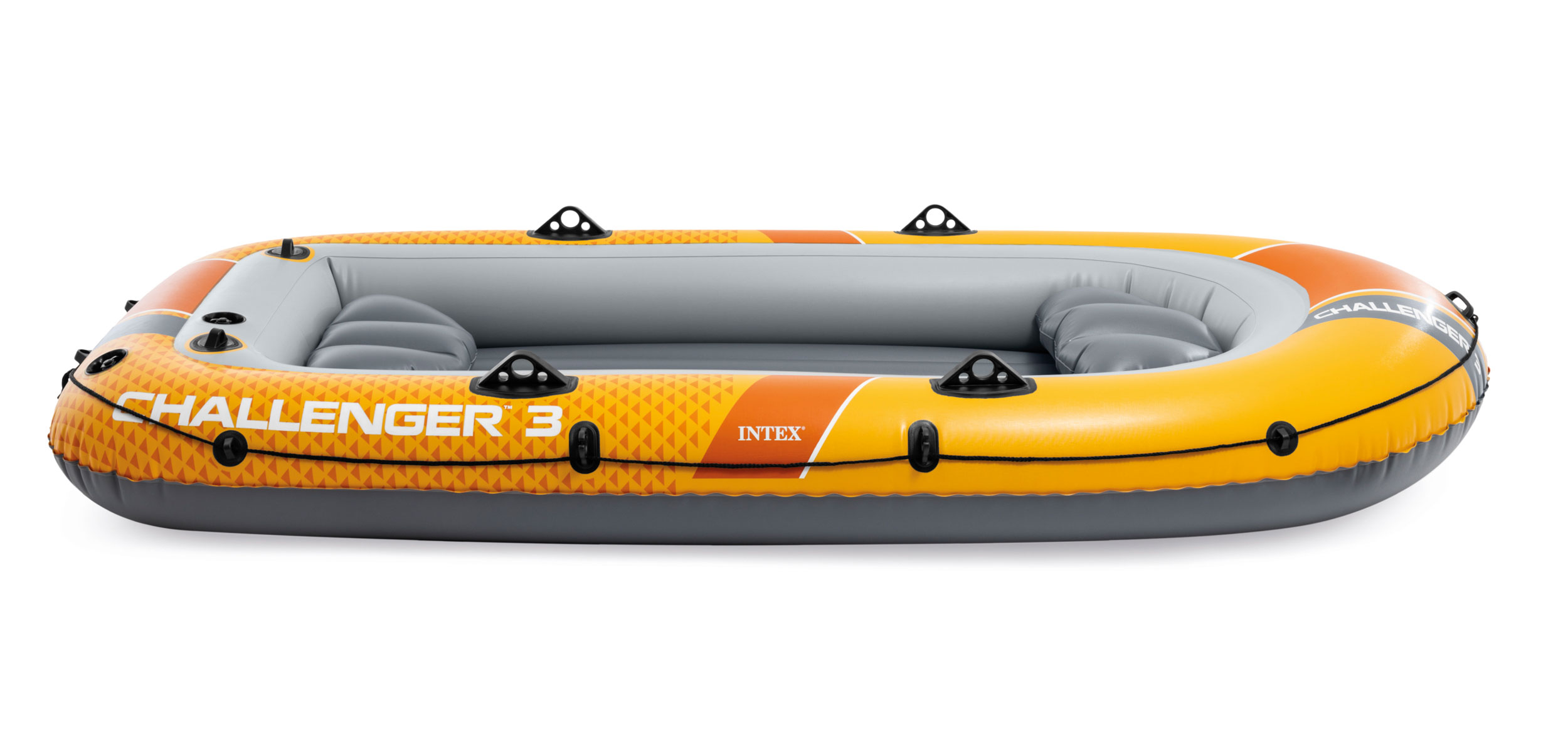 Ein aufblasbares Boot mit gelbem und orangefarbenem Design und grauen Sitzen.