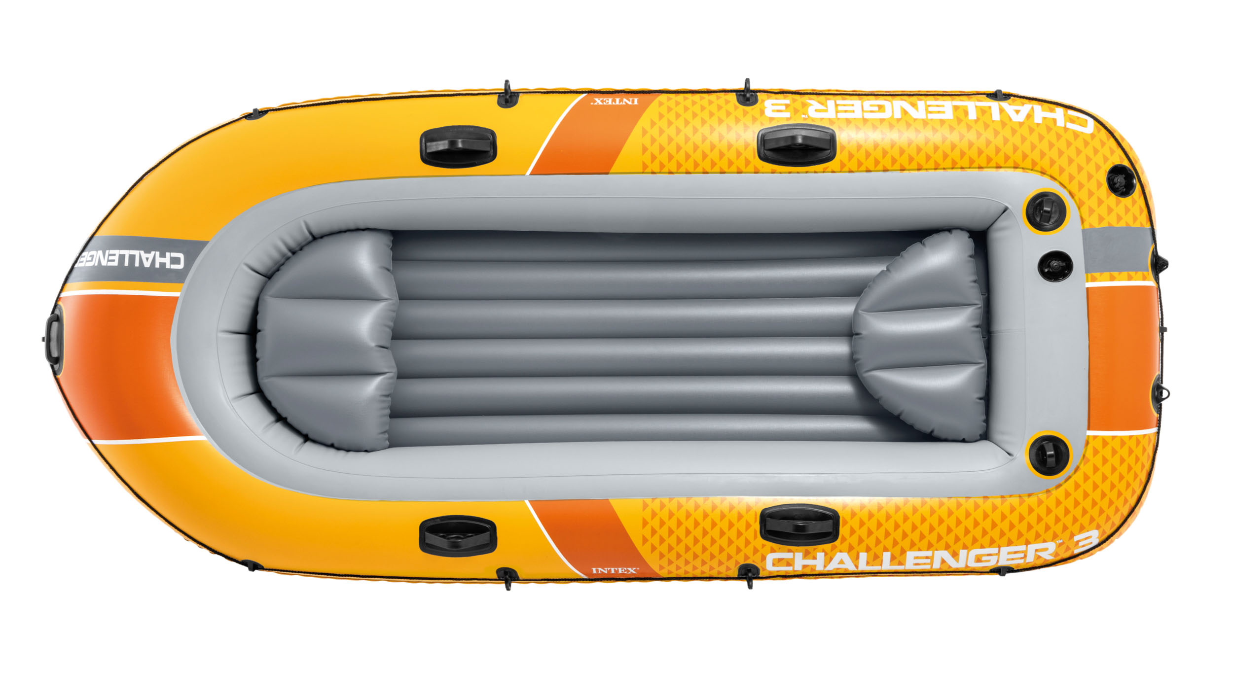 Gelbes und graues Schlauchboot mit Aufdruck 'Challenger 3'.