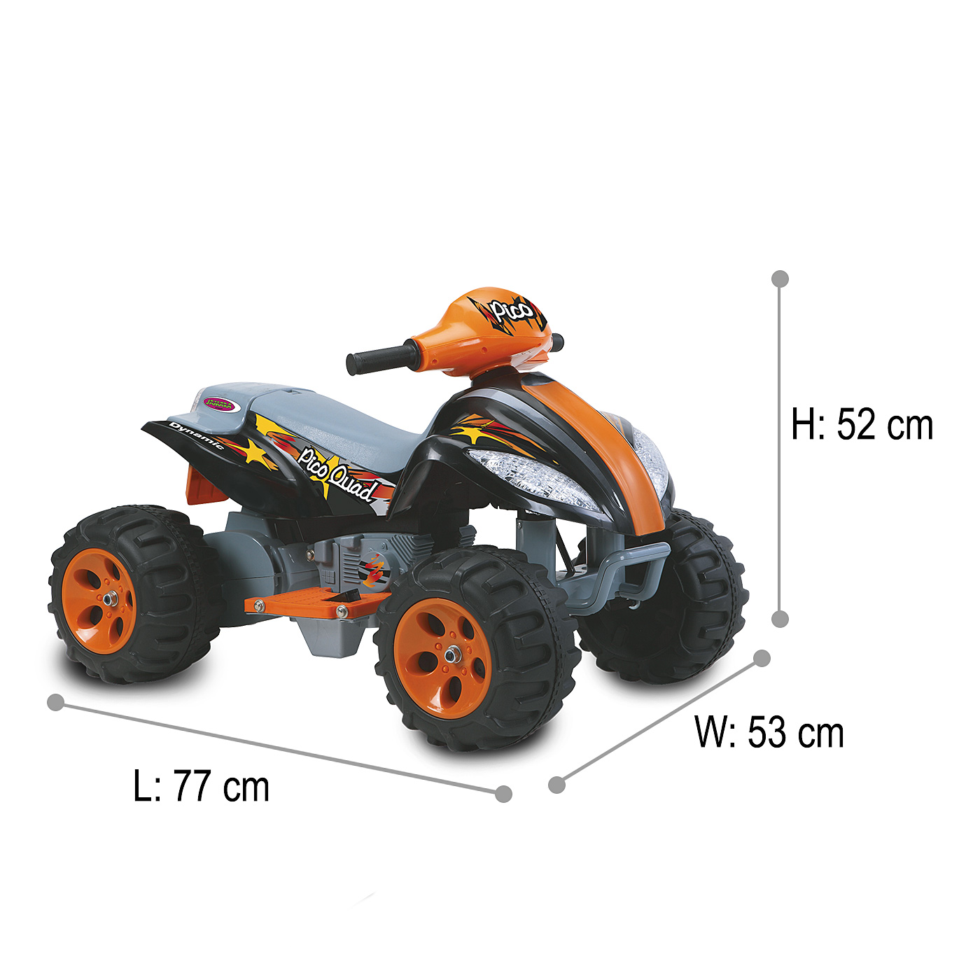 Ein schwarzes und orangefarbenes Spielzeug-Quad mit den Maßen L:77cm, B:53cm, H:52cm.