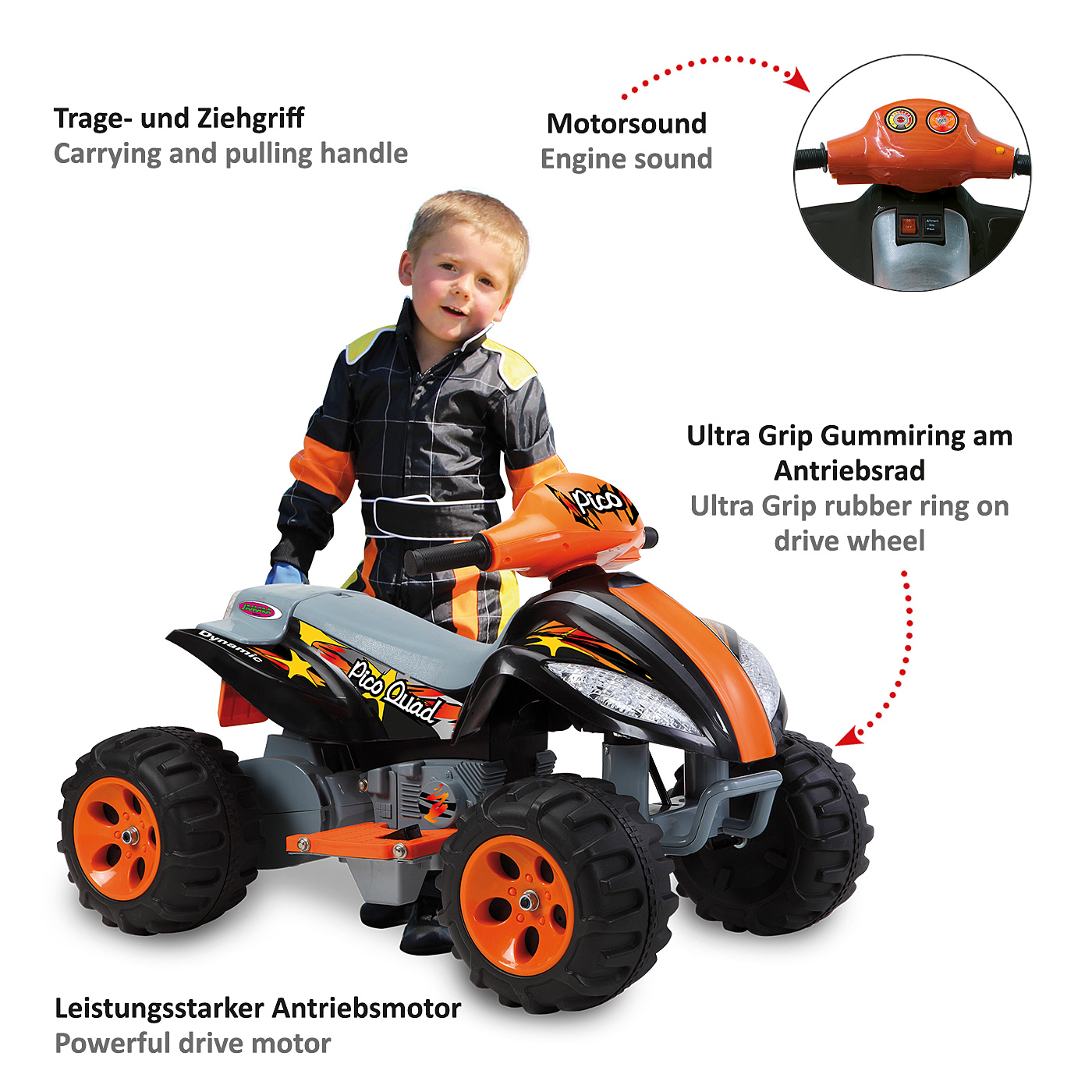 Ein Junge im Rennanzug steht neben einem orange-schwarzen Quad mit großen Rädern.