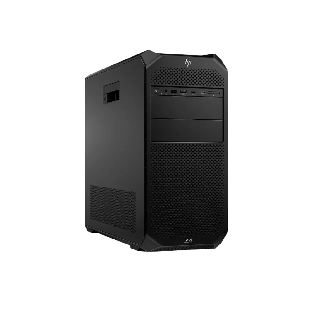 Ön portlu ve havalandırma ızgaralı siyah HP Z4 kule PC.