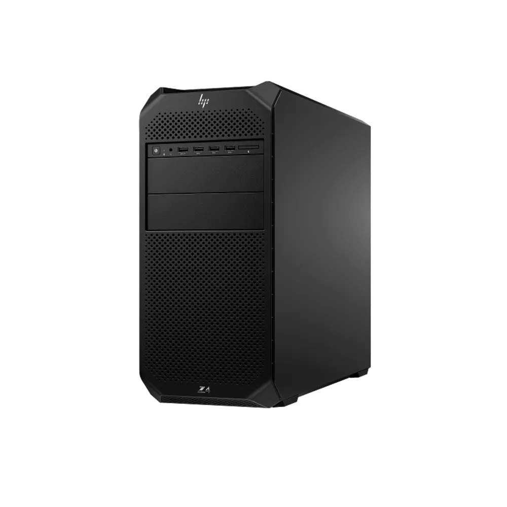 Bağlantı noktaları ve havalandırma ızgarası bulunan siyah HP Z4 tower masaüstü bilgisayar.
