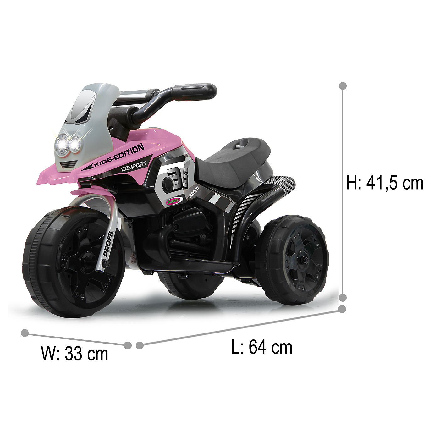 Pinkes Kinder-Dreirad-Motorrad mit schwarzen Rädern und Aufklebern. Maße: H:41,5cm, B:33cm, L:64cm.
