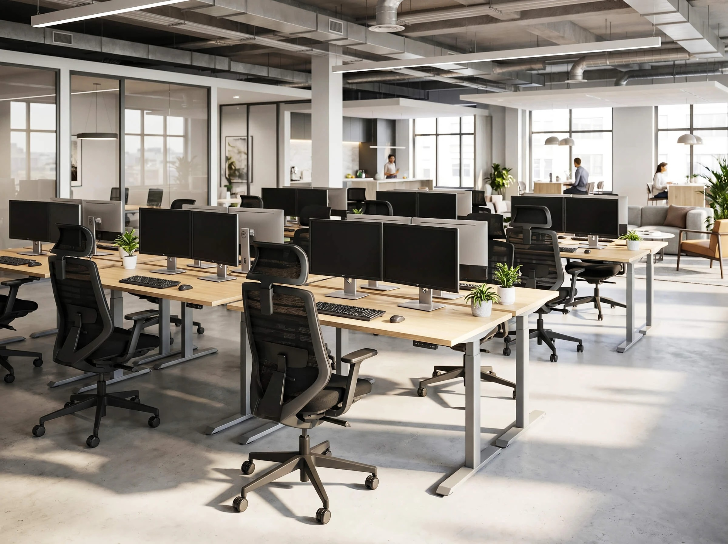 Nowoczesne biuro open space z regulowanymi biurkami i komputerami.