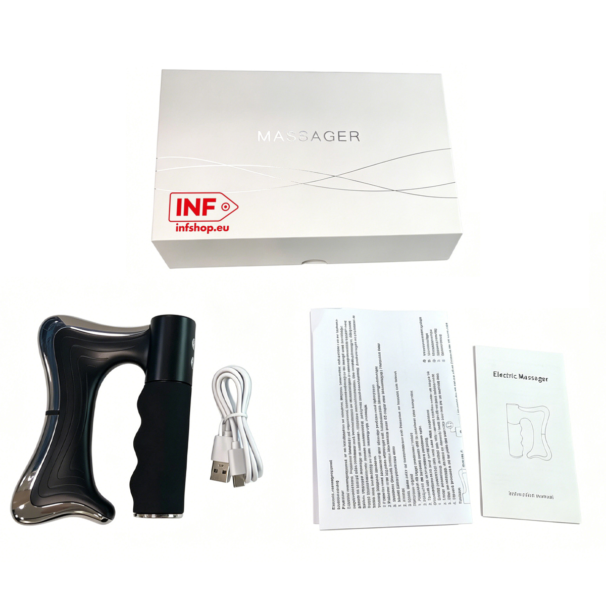 Ein weißer Karton mit der Aufschrift „MASSAGER“ und ein schwarzer Massagegriff mit Kabel und Anleitungen.