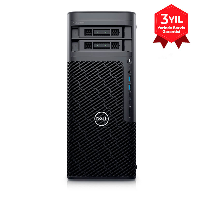 Gümüş Dell logosu ve 3 yıl garanti etiketi ile siyah Dell Precision 5860 iş istasyonu kasası.