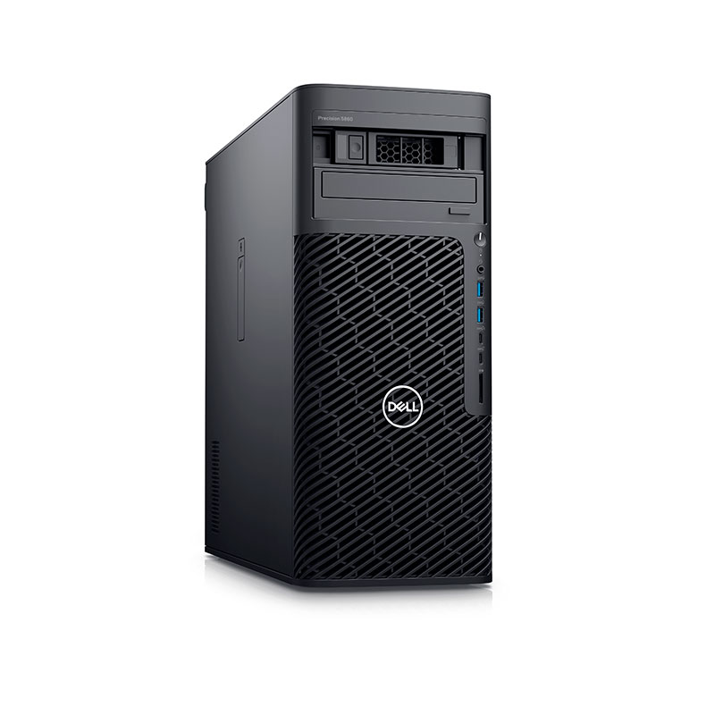 Ön portları ve Dell logosu bulunan siyah Dell Precision 5860 kule bilgisayar.
