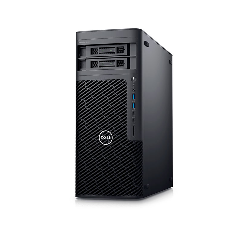 Siyah Dell Precision 5680 kule PC, havalandırmalı ön ve bağlantı noktaları.