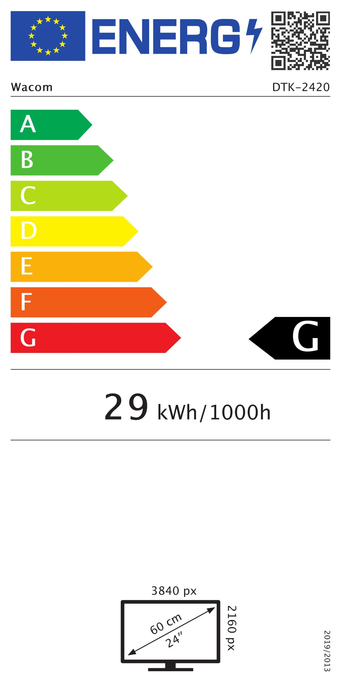 Etykieta efektywności energetycznej A-G, 29 kWh/1000h, monitor 24 cale.