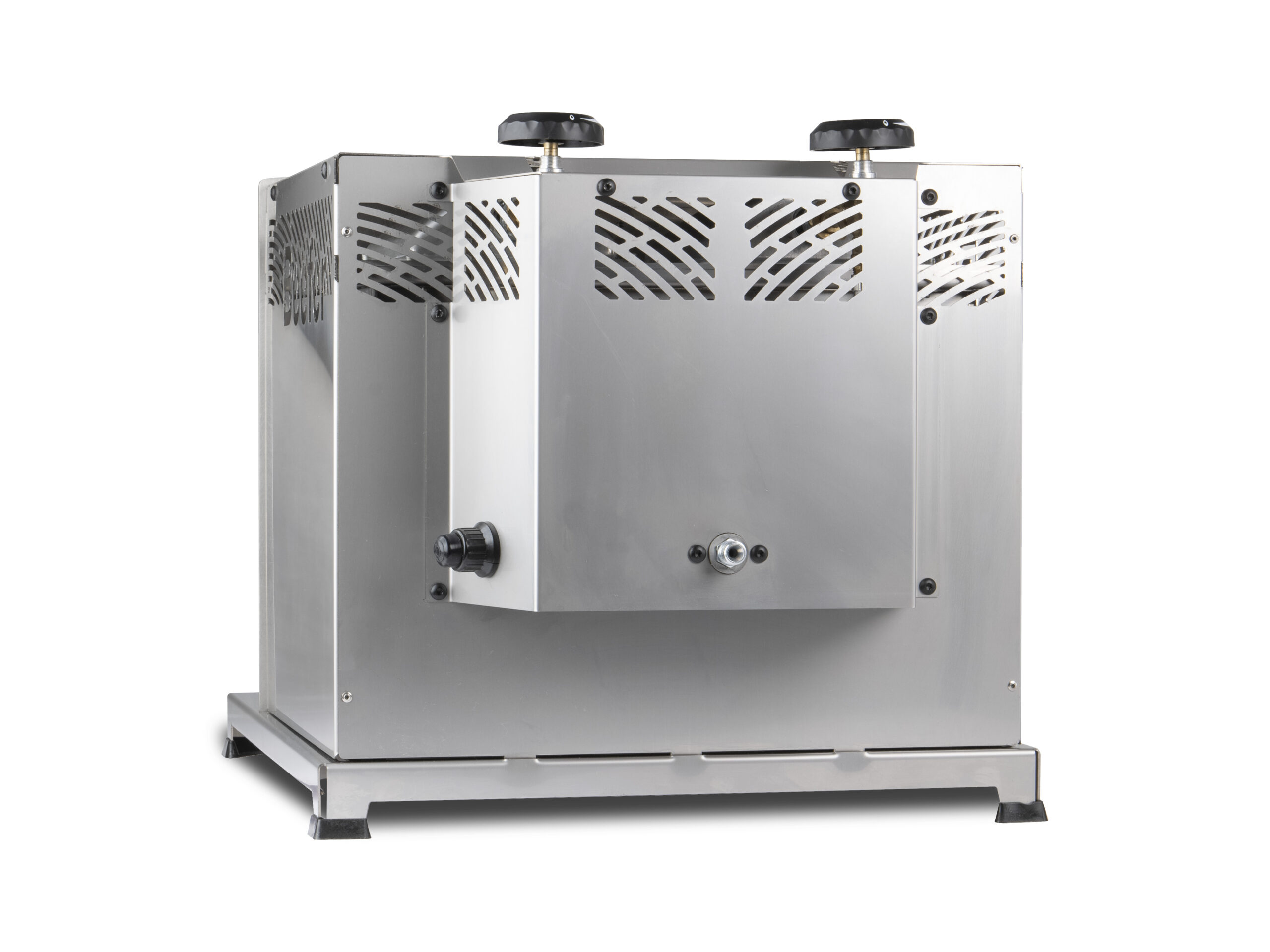 Ein silberner Metallofen mit zwei schwarzen Knöpfen und Lüftungsschlitzen.