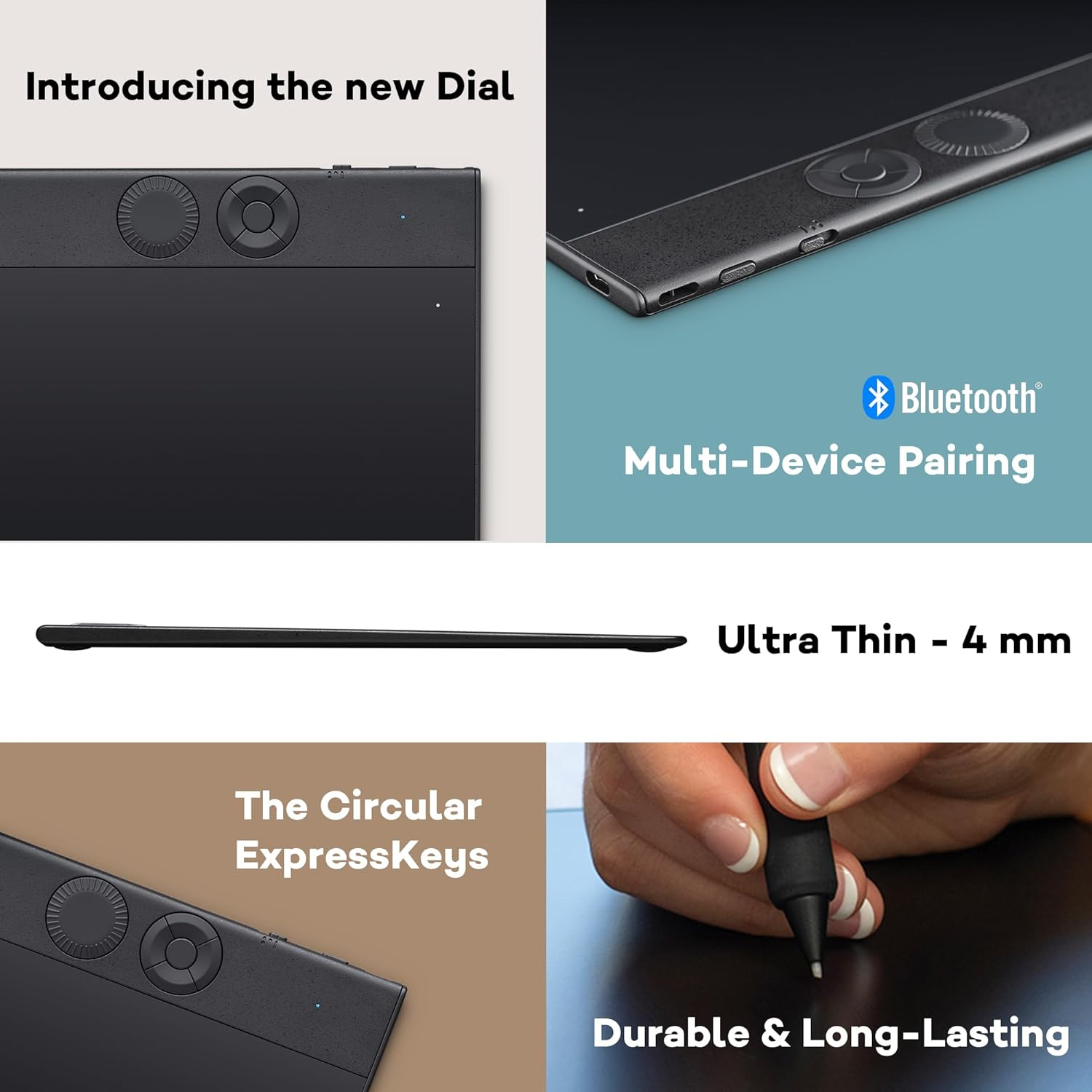 Schwarzes Tablet mit Zifferblatt und Tasten. Verfügt über Bluetooth, ultradünnes Design und Stift.
