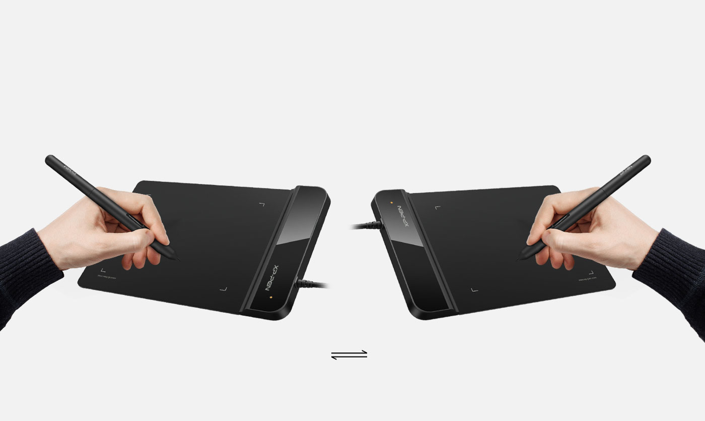 Dos tabletas de dibujo negras con lápices sostenidos por manos, una al lado de la otra.
