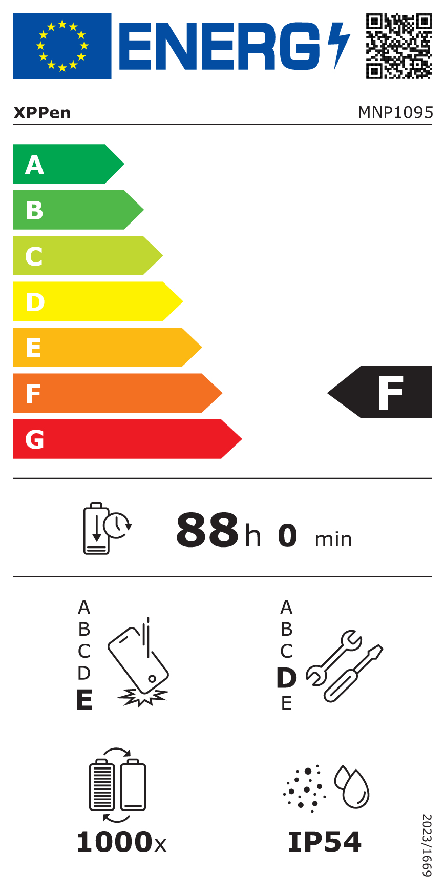 Etichetta energetica XPPen, modello MNP1095, classe F. Durata 88h.