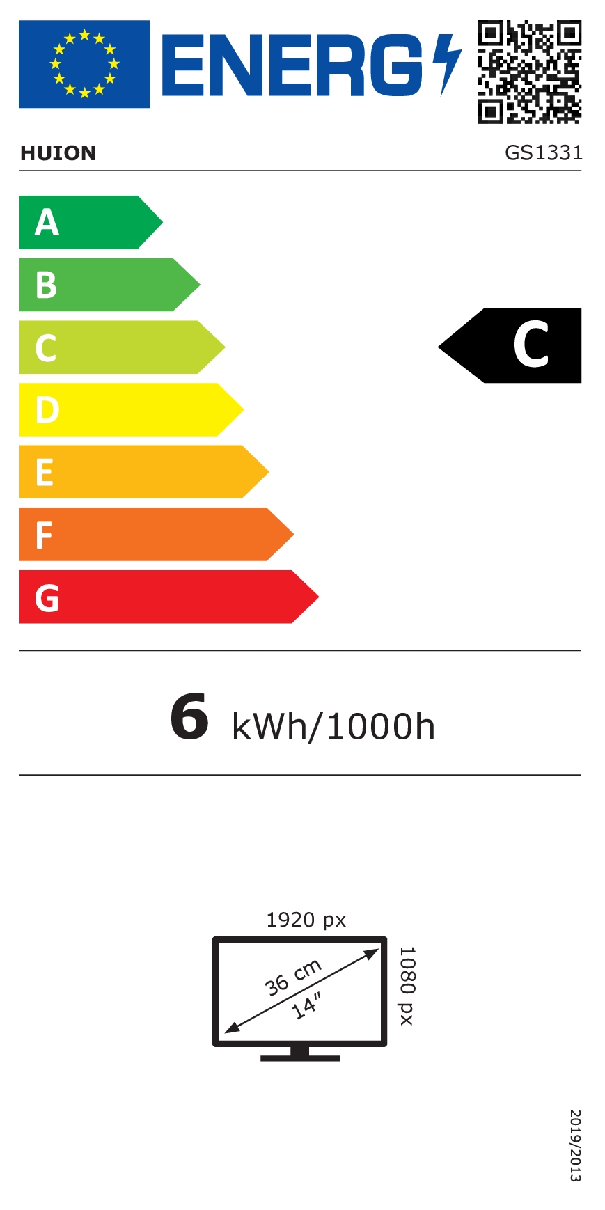 Energieeffizienzlabel mit Huion-Logo, Energieklasse C, 6 kWh/1000h, 14-Zoll-Display.