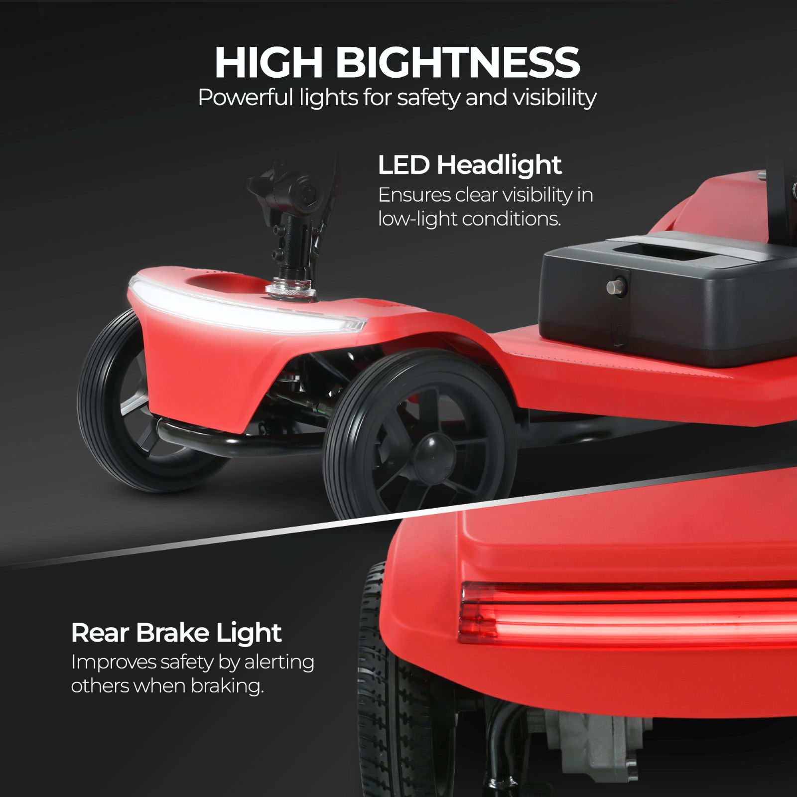 Scooter rojo con faro LED y luz de freno trasera.