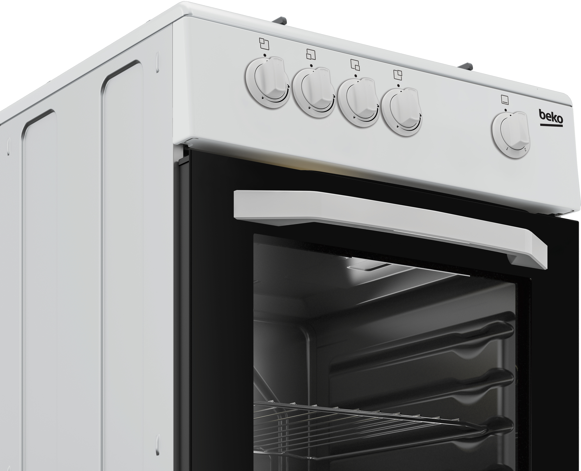 Un forno Beko bianco con porta in vetro nero e maniglia argentata.