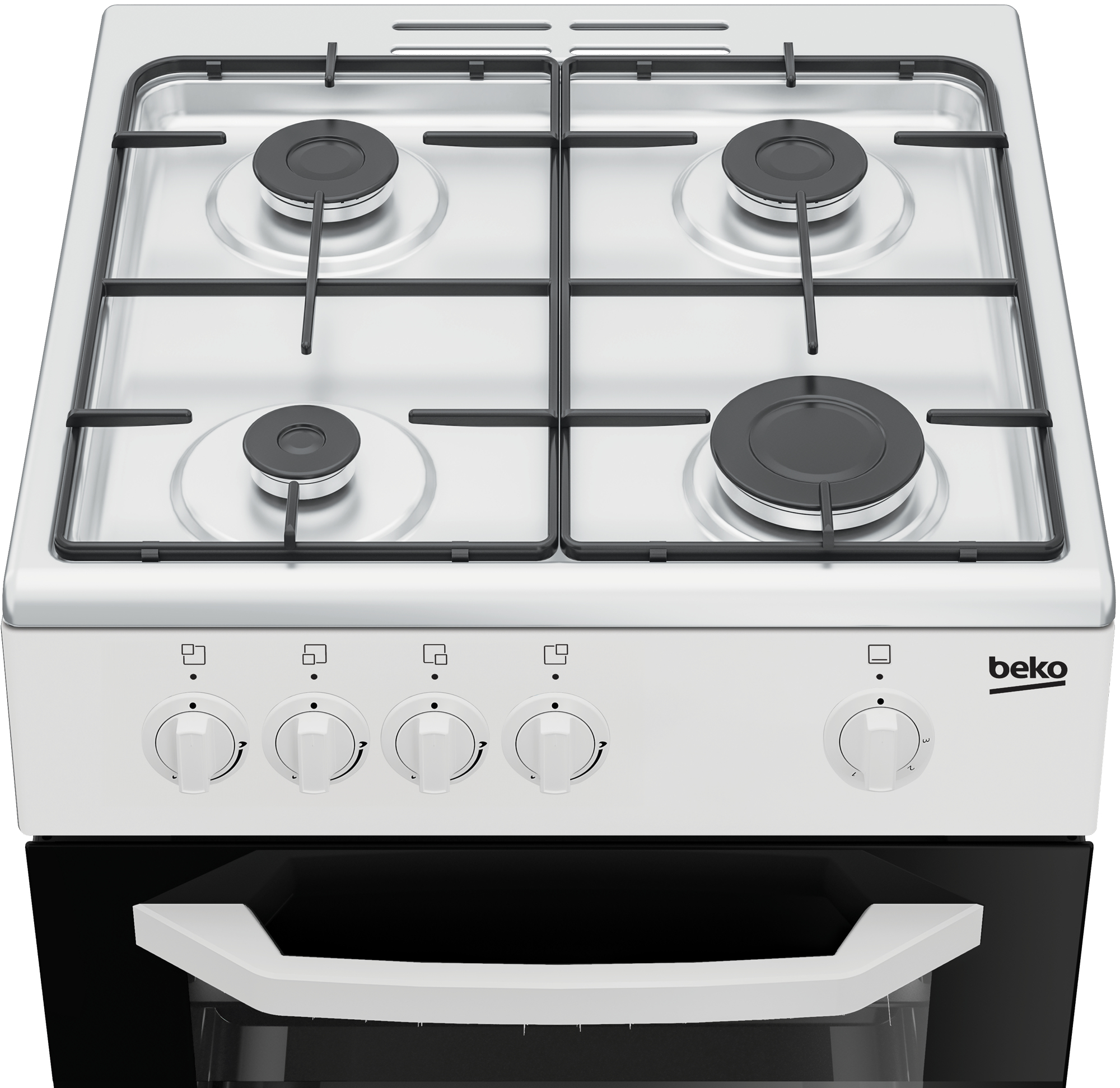 Fornello a gas bianco con quattro fuochi, griglie metalliche e forno nero.