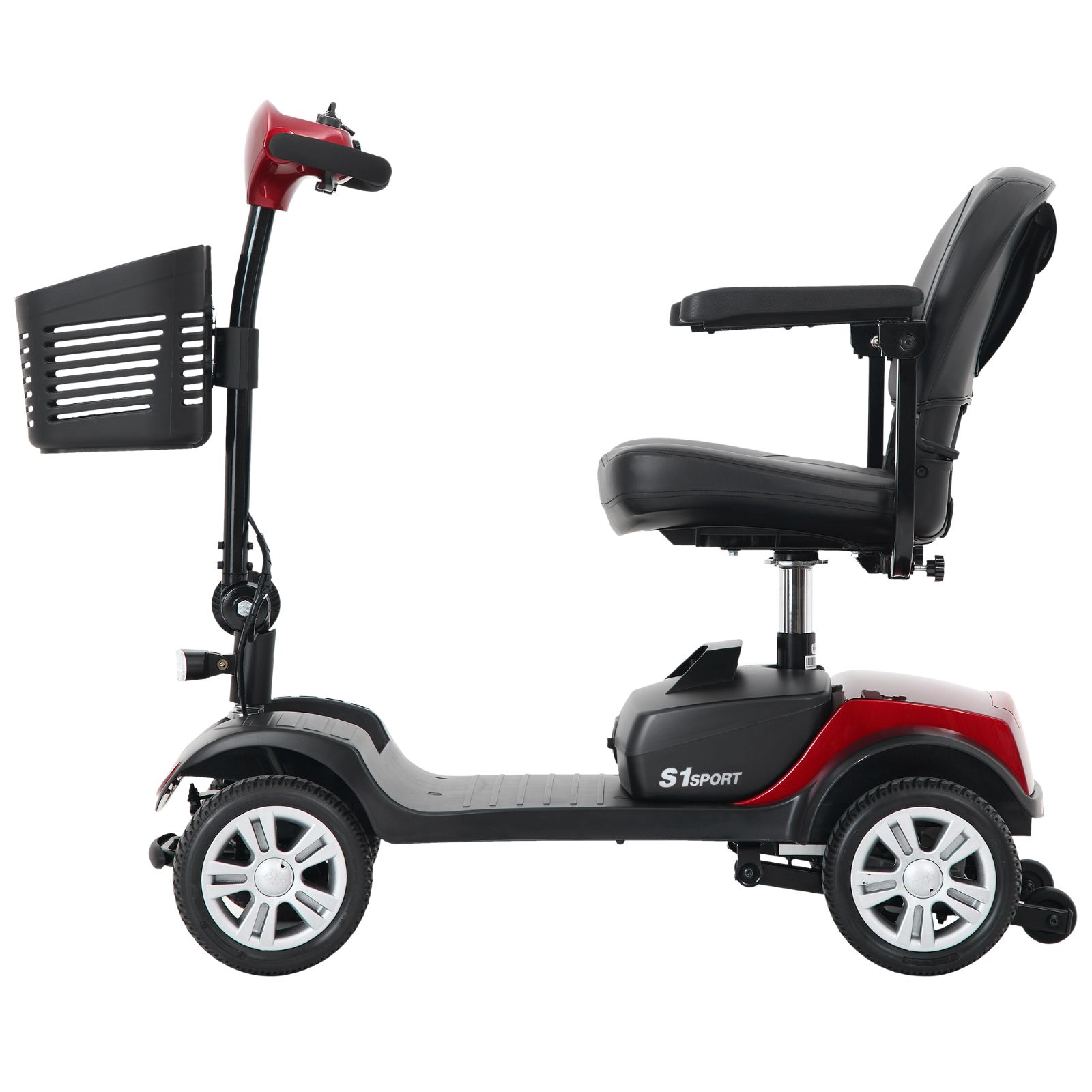 Un scooter de movilidad rojo y negro con asiento y cesta.