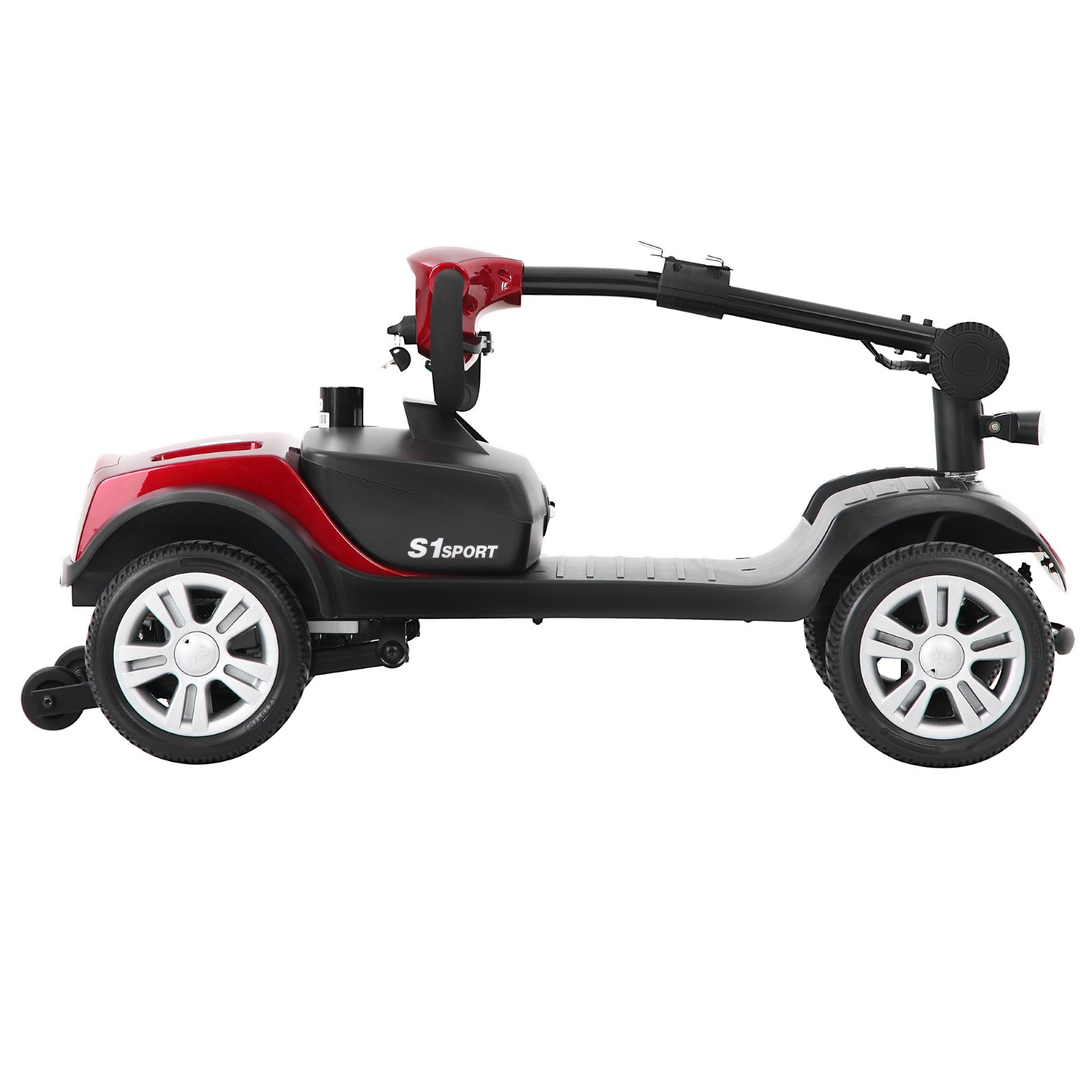 Un scooter de movilidad eléctrica rojo y negro con cuatro ruedas y manillar.