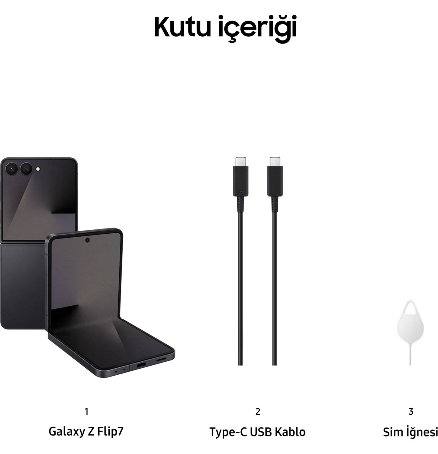 Siyah katlanabilir akıllı telefon, iki USB-C kablosu ve SIM çıkarma aracı.