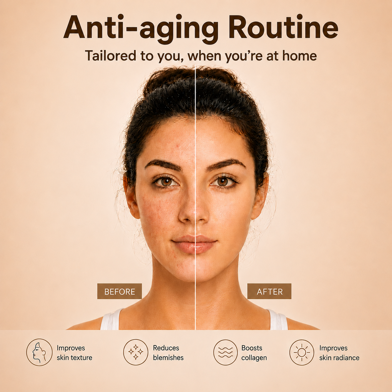 Split face showing anti-aging routine: Before with blemishes, After with clear skin.