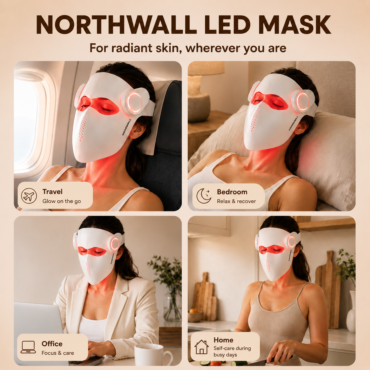Four scenes of a woman wearing a white LED mask: on a plane, in bedroom, office, and home.
