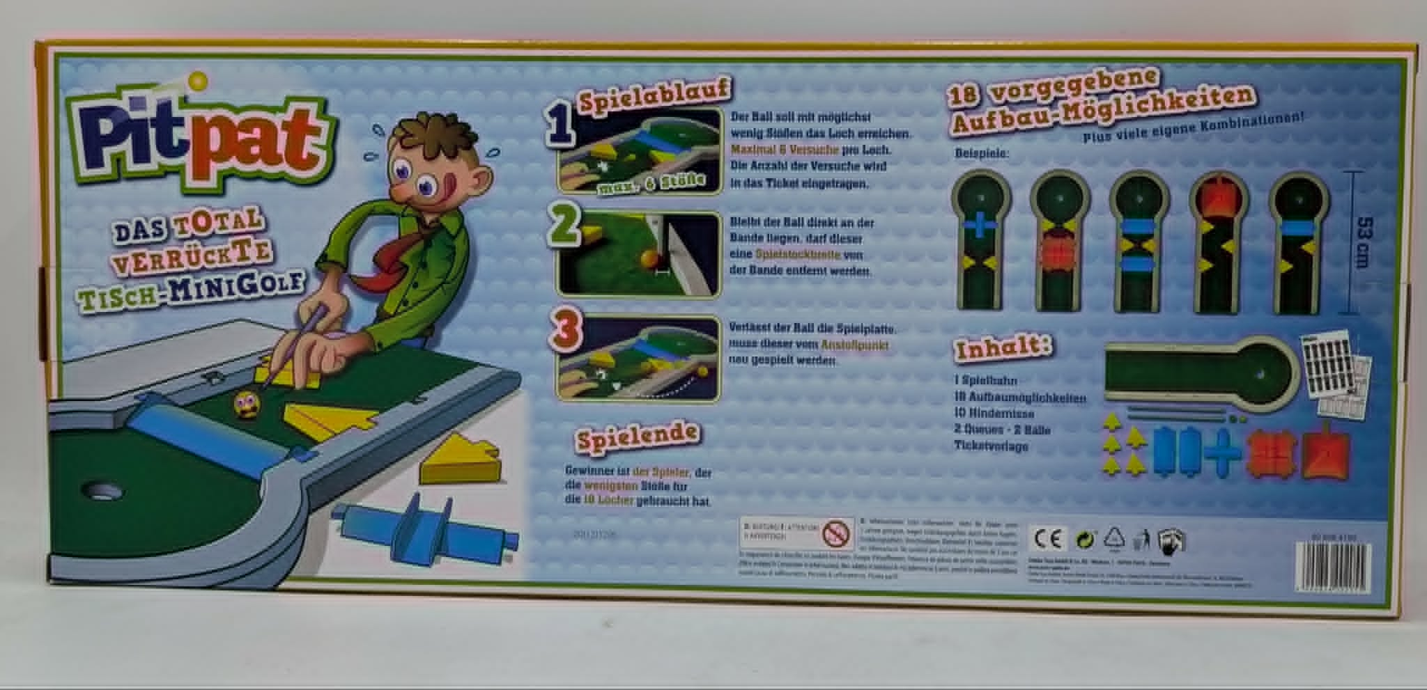 Verpackung für ein Tisch-Minigolfspiel mit einem Cartoon-Charakter, Spielanleitungen und Aufbauvarianten.