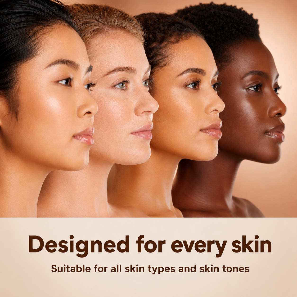 Four women with diverse skin tones shown in profile against a beige background.
