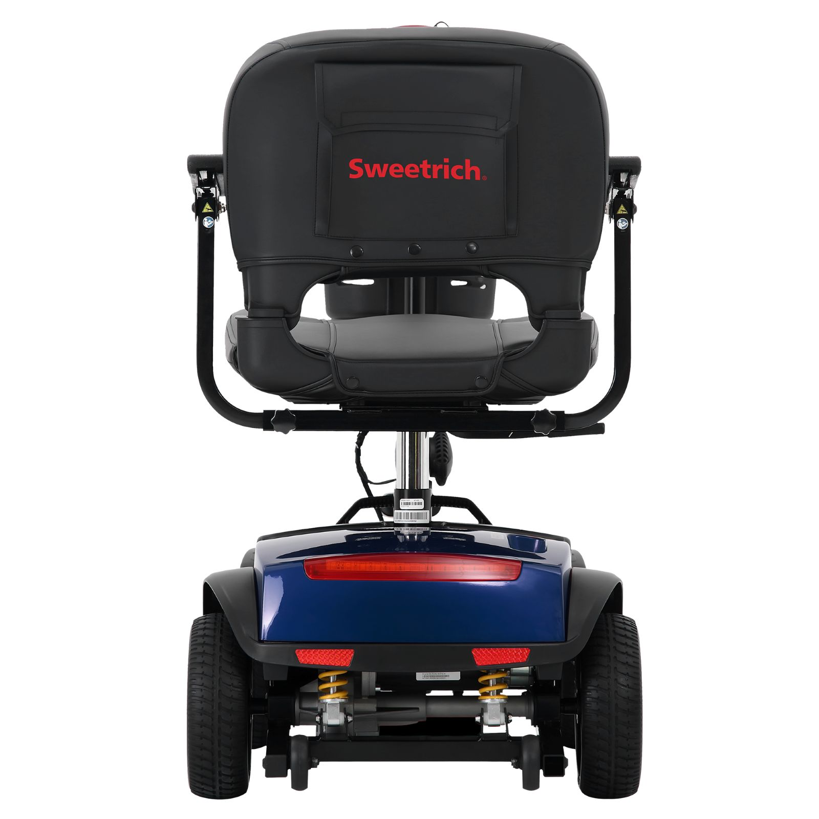 Vista trasera de un scooter de movilidad azul con asiento de cuero negro y logo "Sweetrich".