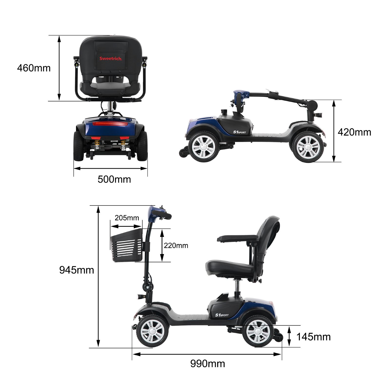 Tres vistas de un scooter de movilidad azul con dimensiones.