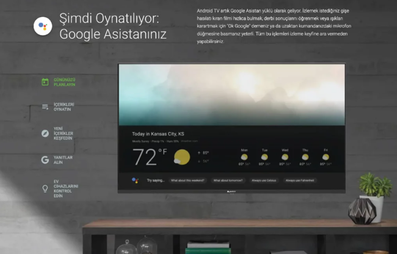 Bir TV ekranı hava durumunu ve saati gösteriyor, solunda Google Asistan seçenekleri kenar çubuğu var.
