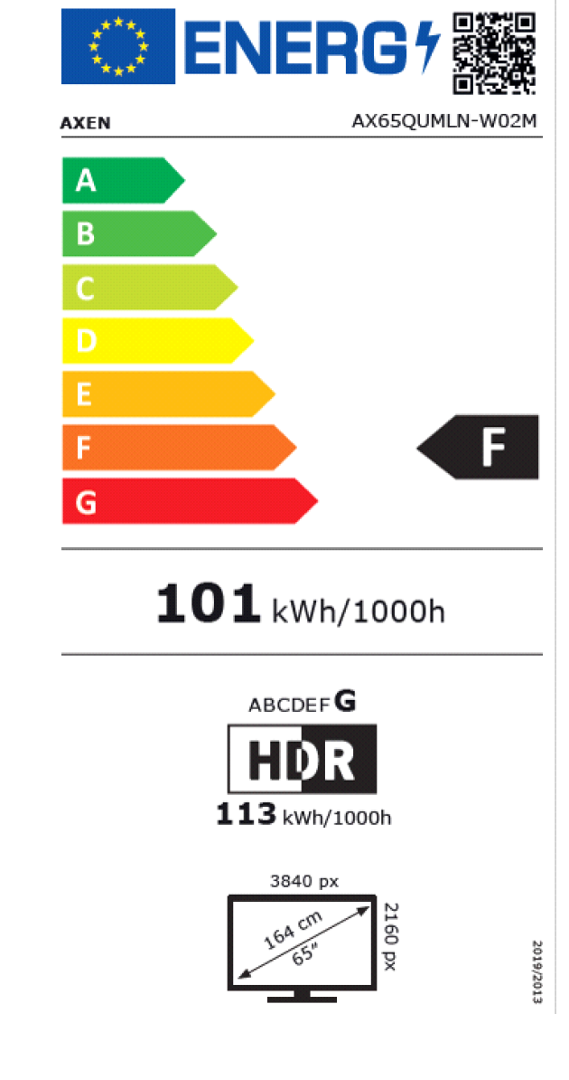 Enerji etiketi A-G ölçekli, tüketim 101 kWh/1000h, HDR, 65 inç, 3840x2160px.