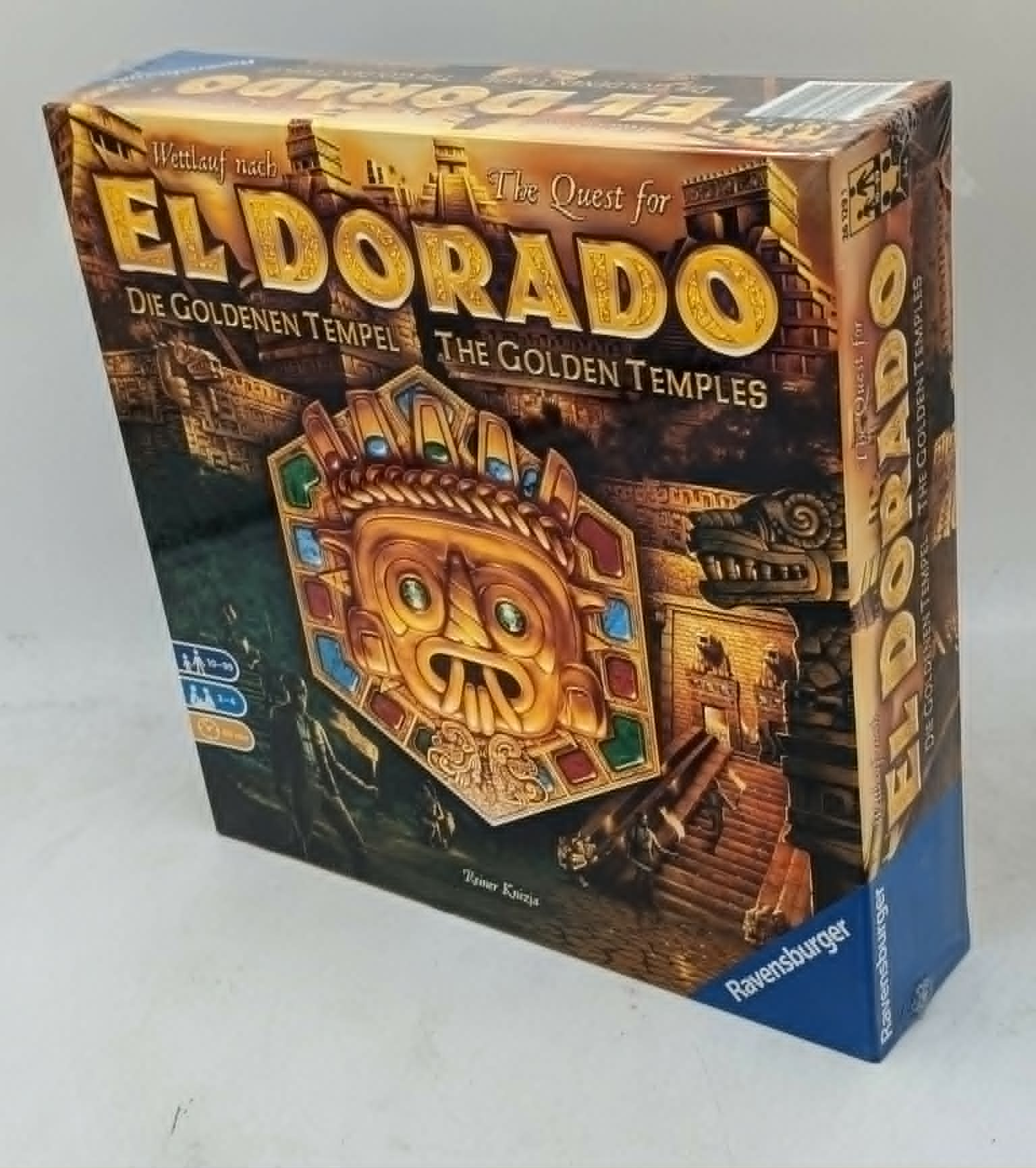 Brettspielbox für El Dorado: Die Goldenen Tempel mit Maya-Maske und Tempel-Motiv.